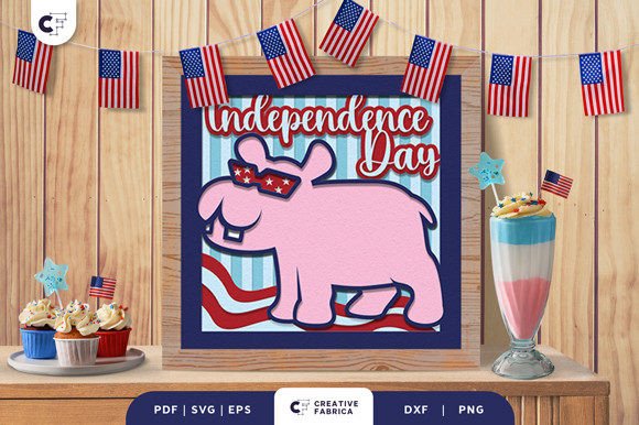 4th of July Hippo 3D Shadow Box SVG for Independence Day