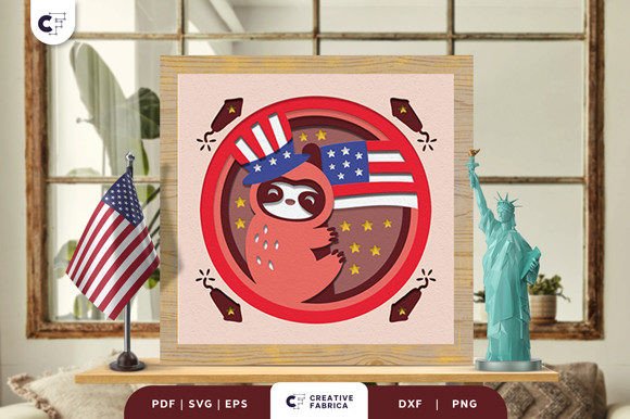 4th of July Sloth 3D Shadow Box Papercut: 3D SVG for Independence Day