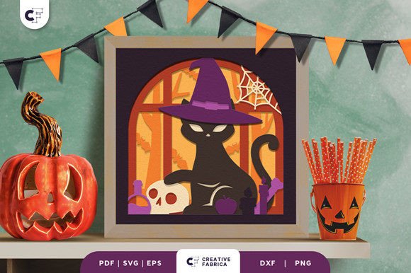 Halloween Witch Cat 3D Shadow Box: 3D SVG for Halloween