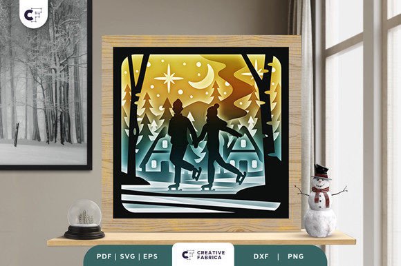 Ice Skating 3D Shadow Box Paper Cut: Winter 3D SVG