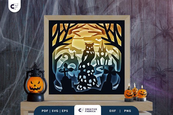 Owl in Halloween Forest 3D Shadow Box: 3D SVG for Halloween