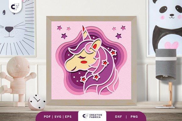 Starry Unicorn Head 3D Shadow Box SVG: Fantasy And Fairy Tales